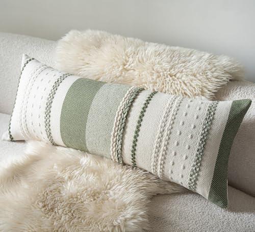 Cethom Boho Lumbar Pillow Covers 14x36 Inch Long, Green Textured Decorative Couch Pillow Cases for Farmhouse Home Decor, Accent Cushion Cover for Sofa, Bed, Living Room, Bedroom, Pack of 1