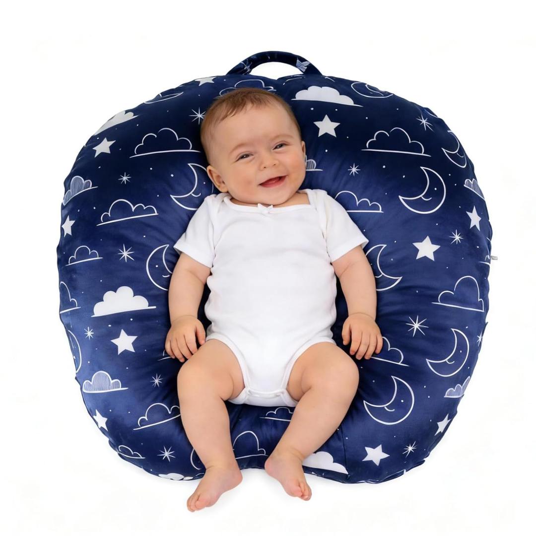 Newborn Lounger Cover - Hypoallergenic Minky Fitted Cover for Boppy Lounger Pillow - Stain-Resistant & Soft Baby Lounger Replacement Cover (Navy Blue, Stars and Clouds)