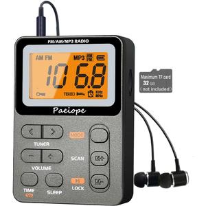 Paeiope Portable Radio AM FM, Rechargeable Pocket Speaker with Best Reception Digital Tuning, MP3, Stereo Earphone, Large LCD Screen, TF Card Socket, Transistor Radio for Jogging/Gym/Camping (Grey)