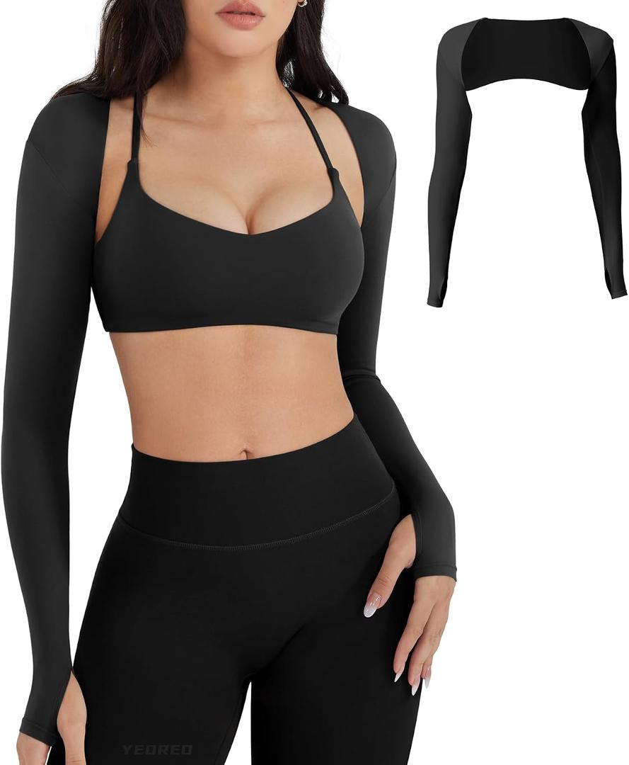 YEOREO Women Crop Top Long Sleeve Bolero Open Front Workout Cropped Shirts Sports Shrug (Black) Large