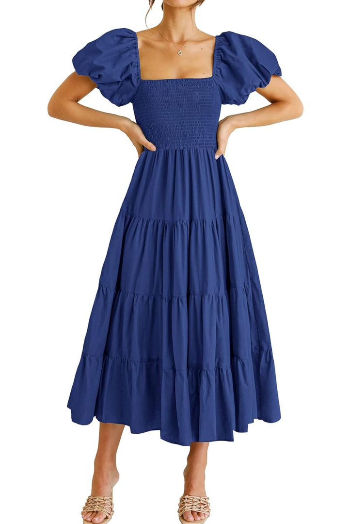 PRETTYGARDEN Women's Casual Summer Midi Dress Puffy Short Sleeve Square Neck Smocked Tiered Ruffle Dresses