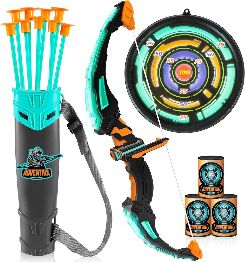 JOYIN Kids Bow and Arrow Set, LED Light Up Archery Toy Set with 9 Suction Cup Arrows, Target & Arrow Case, Indoor and Outdoor Hunting Play Gift Toys for Kids, Boys & Girls Ages 6-12 (Aqua Blue)