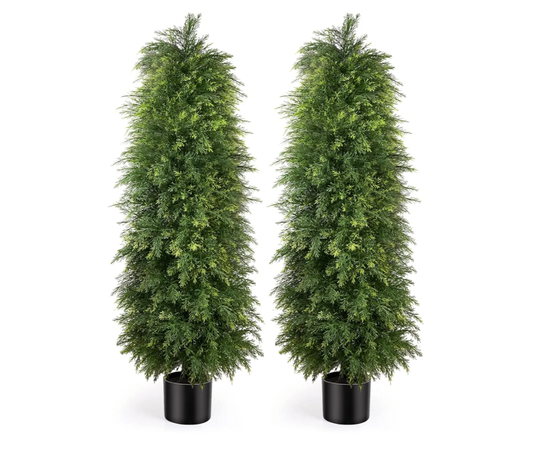 2 Pack 5ft Artificial Cedar Topiary Trees, Outdoor Artificial Plants for Front Porch Décor, Artificial Shrubs Fake Plants Uv Rated Potted Plants for Outdoor, Indoor, Front Door, Office