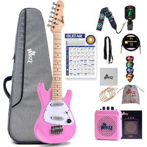 Winzz 30 Inch Kids Electric Guitar Beginner Kit, Junior 1/4 Size Mini Electric Guitar for Children Complete Stater Set with Amp, Gloosy Pink Colour