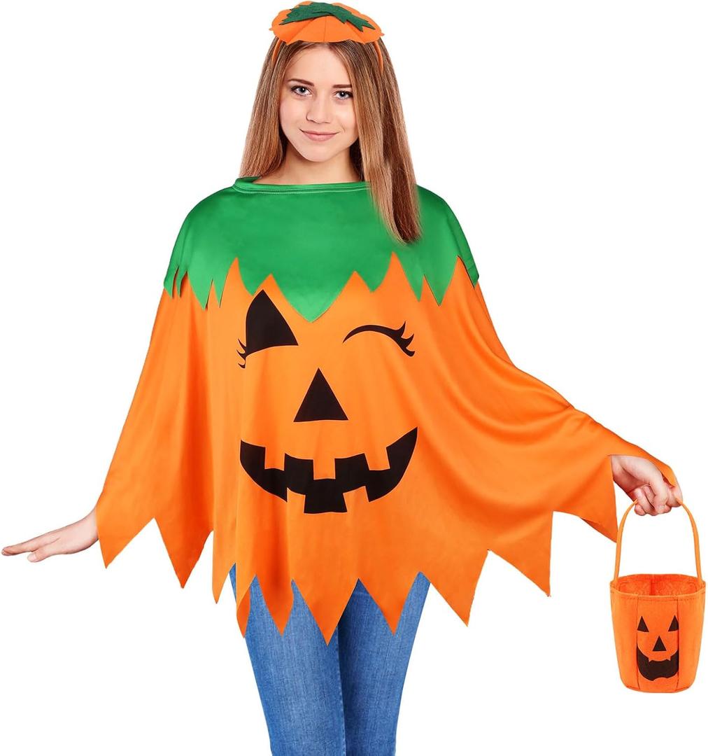 LOAVER 3 Pcs Halloween Pumpkin Costume for Women Adults,Pumpkin Poncho with Headband and Candy Bag for Halloween Costume Trick Or Treat Cosplay Party Accessories