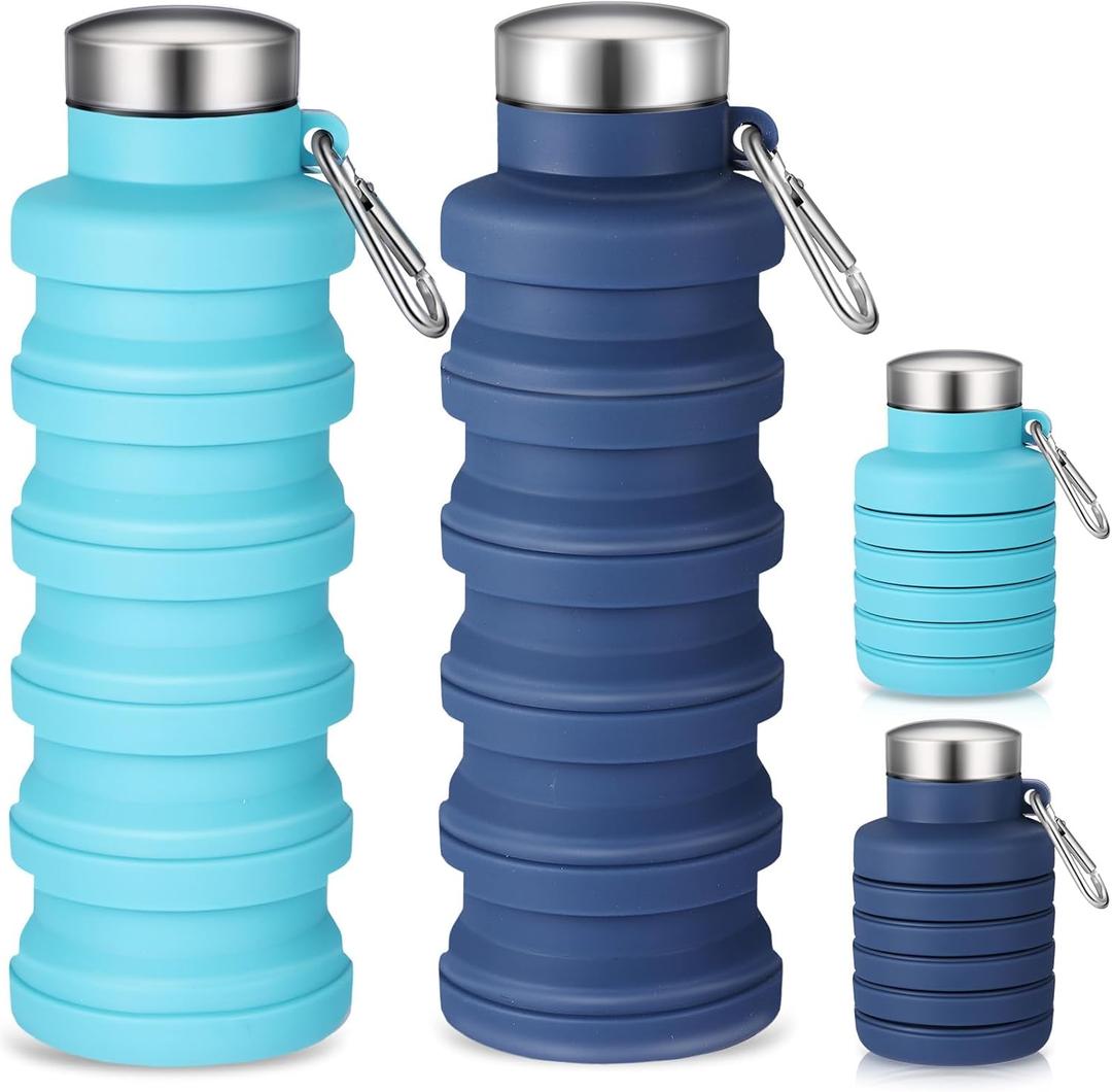 Baderke 2 Pcs Collapsible Water Bottles 17oz Silicone Travel Foldable Portable Water Bottle with Buckle Silicone Lightweight Reusable Leakproof for Camping Hiking Cycling Sport(Navy Blue,Blue)