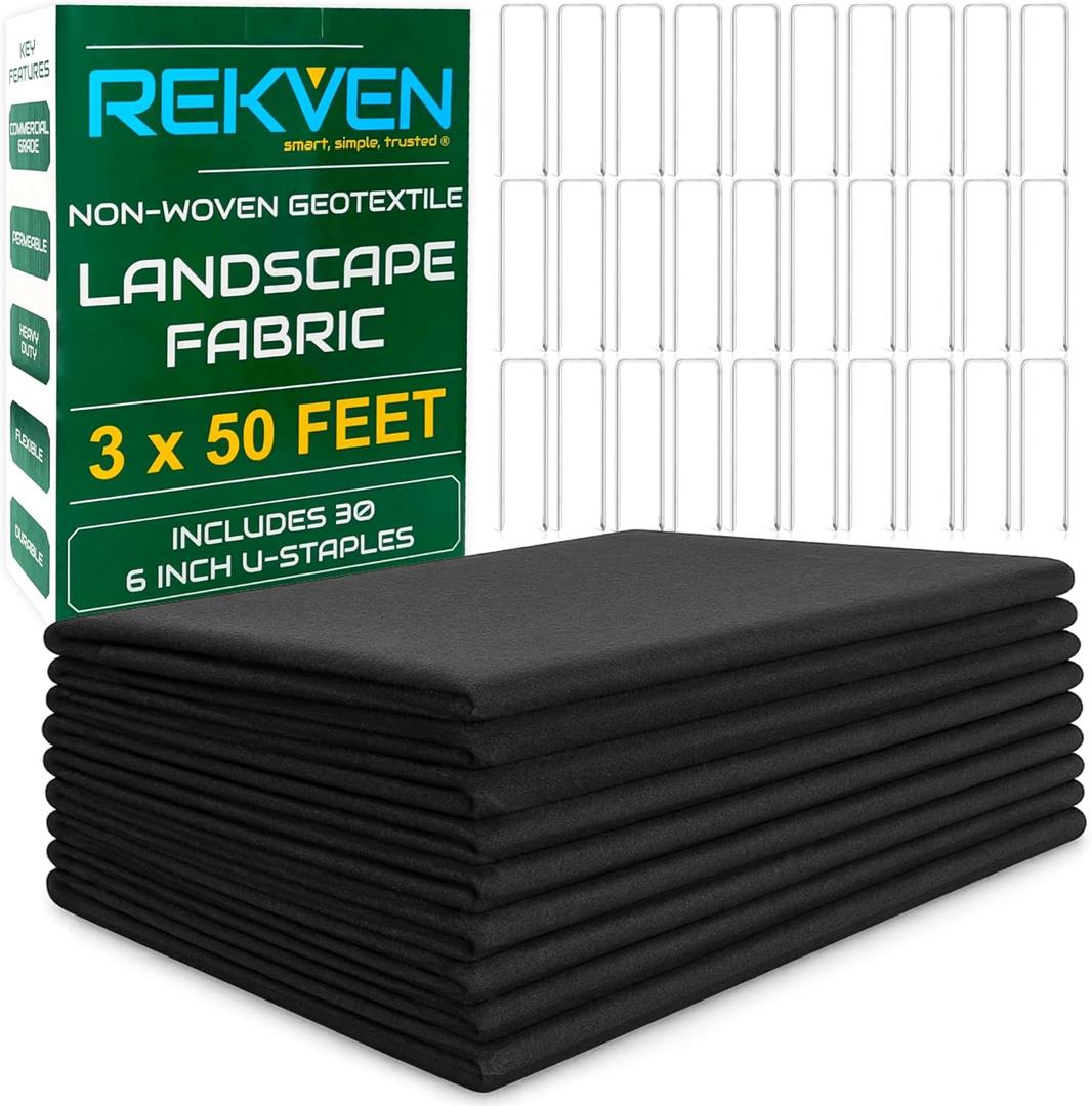 Non Woven Geotextile Landscape Fabric - 3 x 50 Feet - French Drain Dry Well Underlayment and Weed Barrier Fabric - Heavy Duty Ground Cover and Drainage for Garden - Includes 30 Landscaping Staples