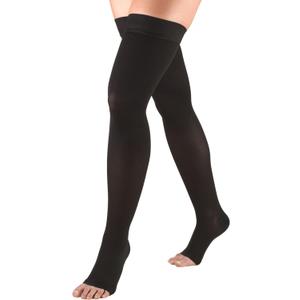 Truform 30-40 mmHg Compression Stockings for Men and Women, Thigh High Length, Dot-Top, Open Toe, Black, Large (Large (1 Pair), Black (Open Toe))