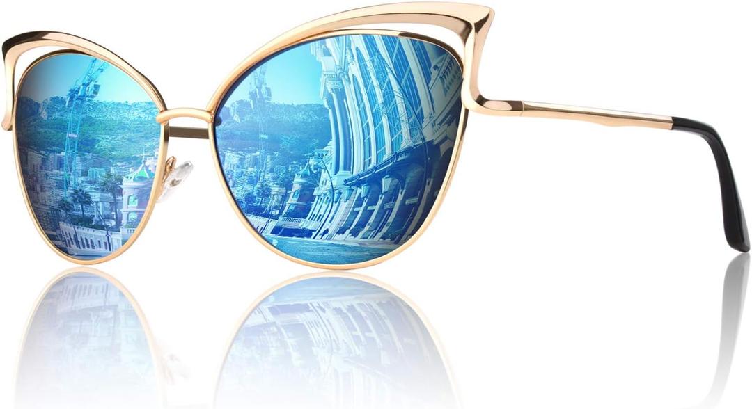 GQUEEN Trendy Oversized Sunglasses for Women Polarized Cat Eye Cute UV400 Protection (Trendy Gold Frame/Blue Mirrored Lens)
