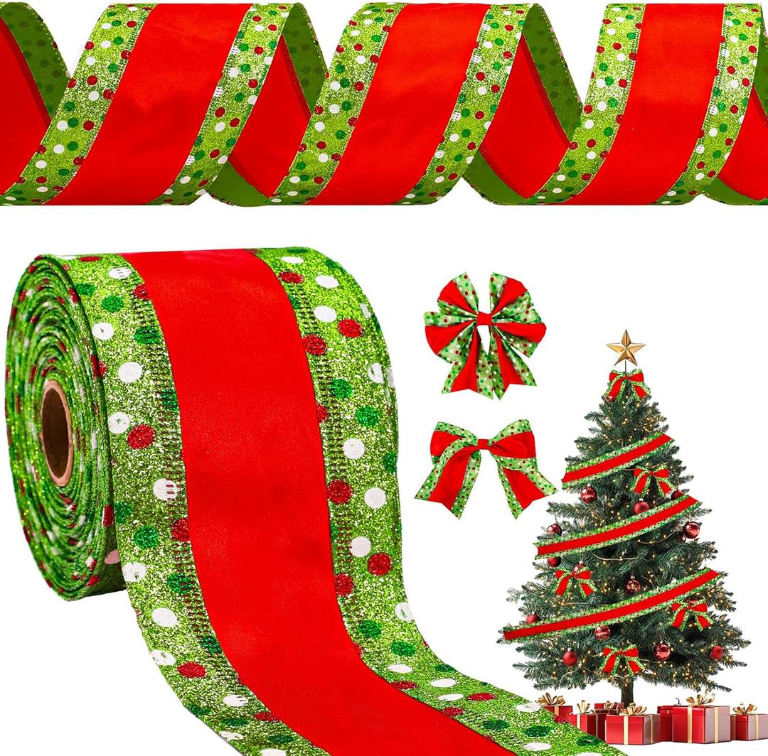 Whaline Christmas Wired Edge Ribbon Red Green Dots Stripe Glitter Fabric Craft Ribbon for Xmas Tree Bow Wreath Gift Wrap Holiday Party Home Decor, 4 Inch, 15 Yards