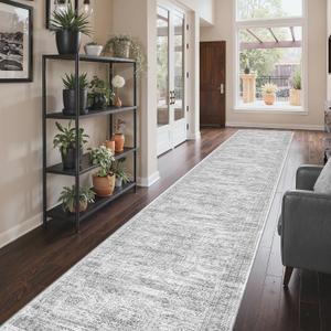 Restydon 3x18 Washable Runner Rug for Hallway, Non-Slip Long Hallway Runner for Entryway, Soft Vintage Kitchen Mats for Floor, Abstract Dining Room, Bedroom, Living Room Rugs(3'x18', Grey/Ivory)
