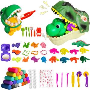 Dinosaur Dough Sets with Dentist Play Set, Dino Skeletons & Molds & 24 Non-Toxic Clays, Dough Tools, Dinosaur Toys for Kids Toddler Boy Toys for 3 4 5 6 7 Year Old Birthday Gift Christmas