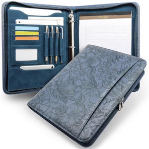 Embossed Faux Leather Zippered Padfolio with 3 Ring Binder, Executive Portfolio Organizer Binder for Women, Fits 13.9" Laptop/Tablet, Refillable Writing Pad Pocket, Blue (Zipper Portfolio(13.7"x11"x1.57"))