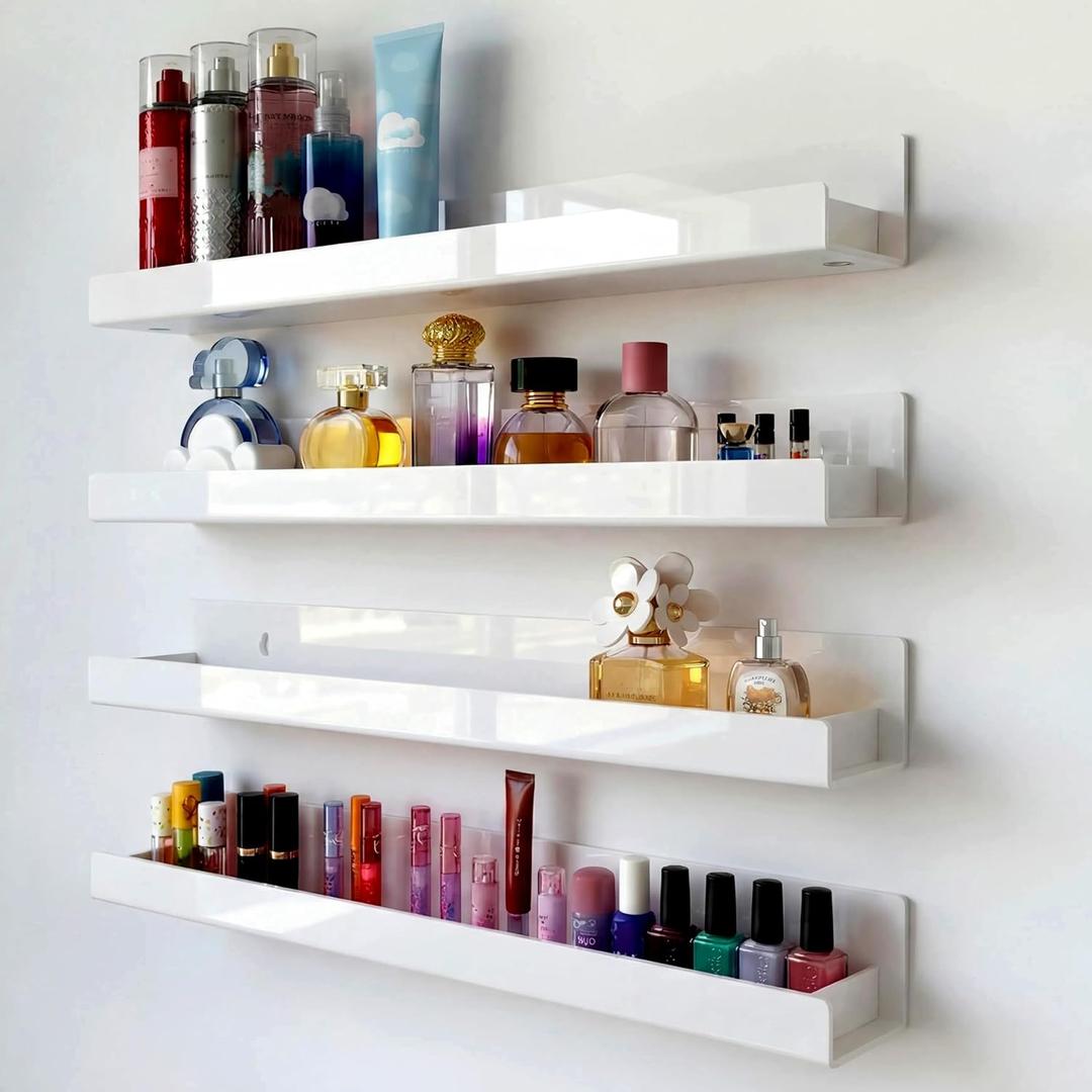 RORKIM 4 Pack 15 Inch Whtie Acrylic Shelves, Kids Floating Bookshelf for Kids Room, Modern Nail Polish Rack Sunglasses Essential Oil Picture Ledge Display Toy Storage Wall Shelf