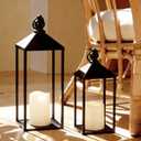 Perfnique Decorative Lanterns for Indoor & Outdoor, Set of 2 Black Metal Lanterns (17" & 13") with LED Timer Flameless Candles, Farmhouse Modern Decor for Front Porch, Patio, Mantle