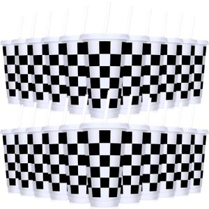 Domensi 24 Pcs Race Car Cups 24 oz Checkered Flag Party Supplies Thick Plastic Tumblers with Lids and Straw Iced Coffee Reusable Water Bottle for Adult Birthday Sport Racing Theme Party