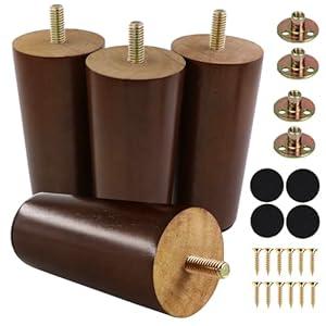 Yaliuliu 4 Inches Round Solid Wood Furniture Legs Set of 4, Brown Wooden Replacement Feet with Threaded 5/ 16'' Hanger Bolts for Sofa, Couch, Armchair, Cabinet, TV Stand, Ottoman and Dresser