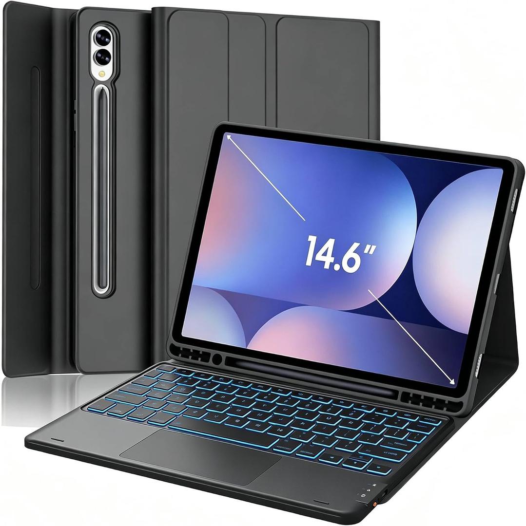 Backlit Touchpad Keyboard Case for Galaxy Tab S10 Ultra/S9 Ultra/S8 Ultra 14.6 Inch with S Pen Holder, PU Leather Stand Cover with Backlight Bluetooth Keyboard for Tab S10 Ultra/S9 Ultra, Black