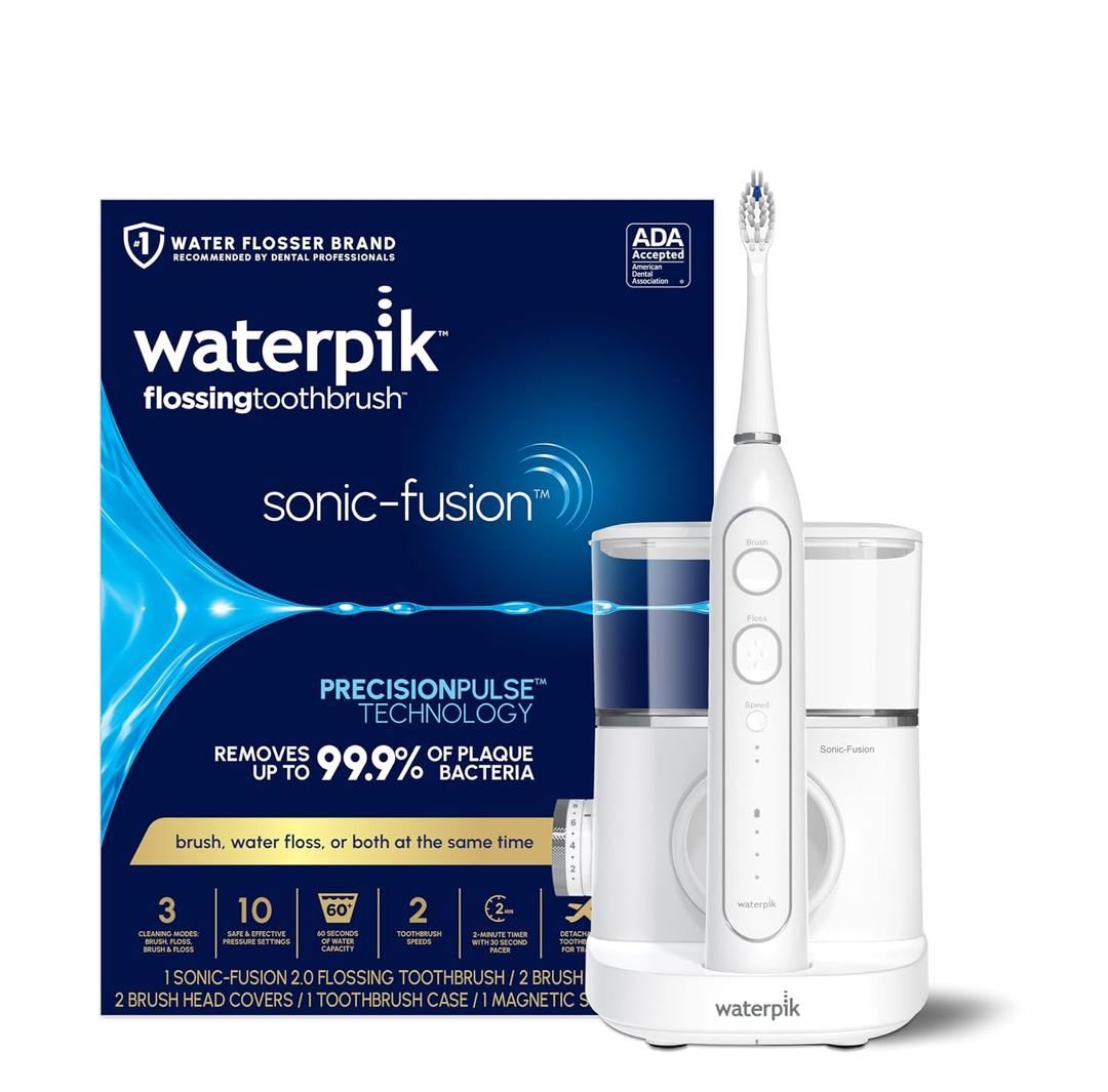 Waterpik Sonic-Fusion 2.0 Professional Flossing Electric Toothbrush with Water Flosser Combo Two In One, For Daily Gum Care and Cleaning Teeth, Braces, Implants, White SF-04CD010-1