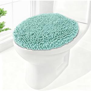 Soft Chenille Toilet Lid Cover 19.5L x 18.5W Machine Washable Toilet Seat Cover Adjustable Rubber Backing Fits Most Round Elongated and Oblong Lids (Light Blue)