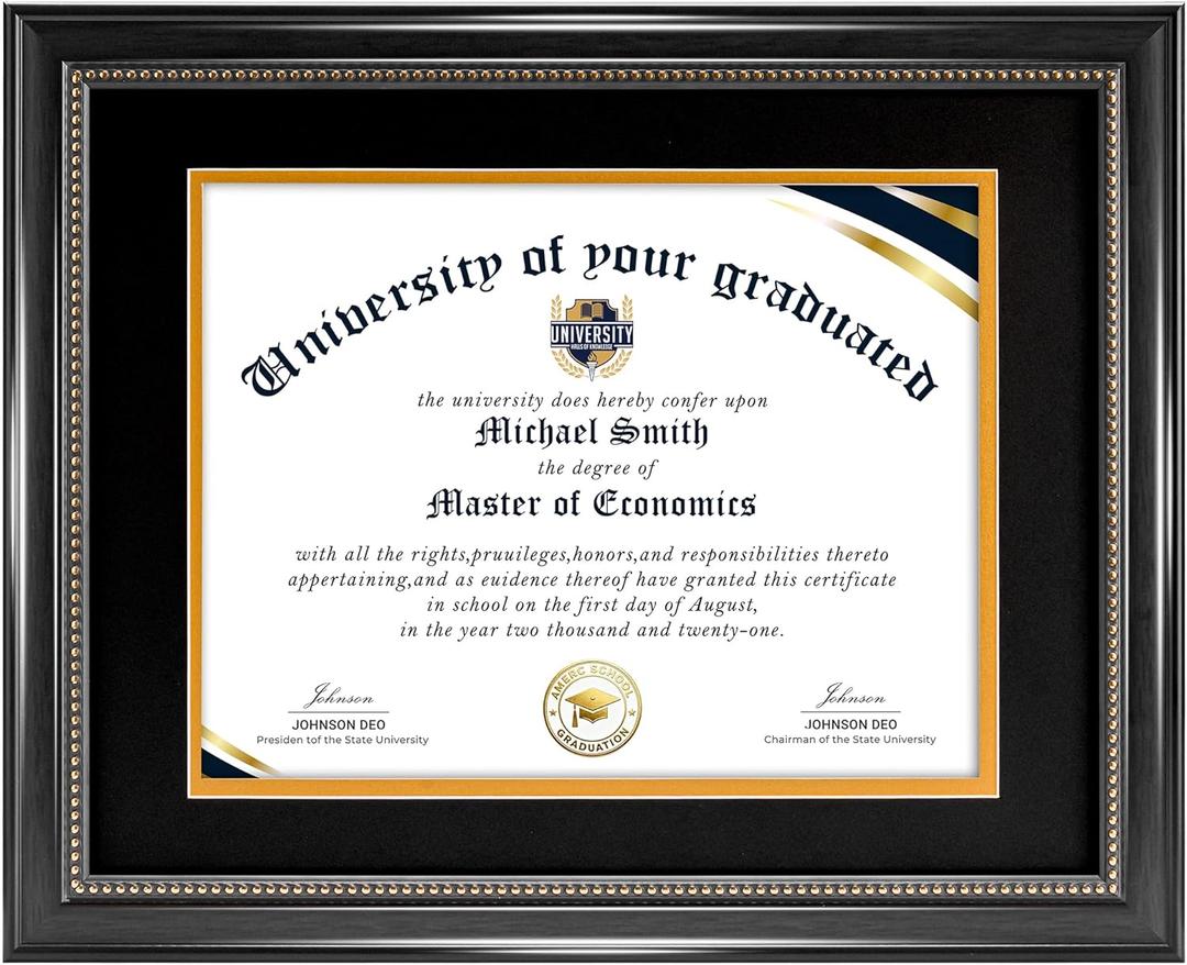 HOUSE DAY Diploma Frame 8.5 x 11 with Black over Gold Mat or Display 11x14 Diploma Frame 11x14 without Mat, High Definition Glass Certificate Frames 8.5 x 11 Degree 11 x 14 Diploma Frames, Black with Gold Beads, 1 Pack