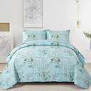3 Pieces Floral Quilt Set Queen Size,Blue Leaf Queen Quilt Sets Soft Bedspread Queen Size Bedding Set for All-Season (96"x90")