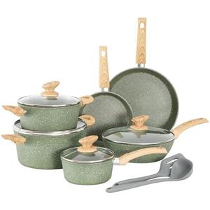 MAISON ARTS Pots and Pans Set Non Stick, 12 Piece Green Granite Kitchen Cookware Induction Compatible, Pot and Pan Sets for Cooking Nonstick