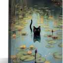 Water Lily Black Cat Canvas Wall Art Funny Lotus Black Cat Decor Pictures Retro Classic Impressionist Nature Painting Posters Prints for Home Decoration Bathroom Bedroom Living Room Decoration (10"L x 8"W)