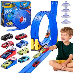 16Ft Flexible Race Track Set for Kids, DIY RollUp Racetrack with 2 Launchers & 6 Mini Cars, SuctionCup Portable Track Compatible with 1:64 DieCast Cars, Indoor & Outdoor Gift for Boys Girls 3+