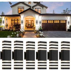 tewei 6 Pack Up and Down Outdoor Wall Lights, 3-layer Black Modern Exterior Light Fixture Wall Mount Outside Light for House, IP65 Waterproof Aluminum Outdoor Wall Sconces for Garage Porch Patio,3000K (3 Layer-6 Pack)