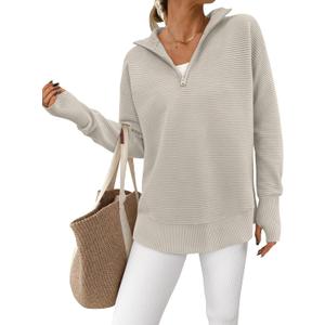 PRETTYGARDEN Womens Long Sleeve Quarter Zip Pullover Sweater Casual Loose V Neck Collared Ribbed Knit Jumper Tops Thumb Hole (Small, Light Grey)