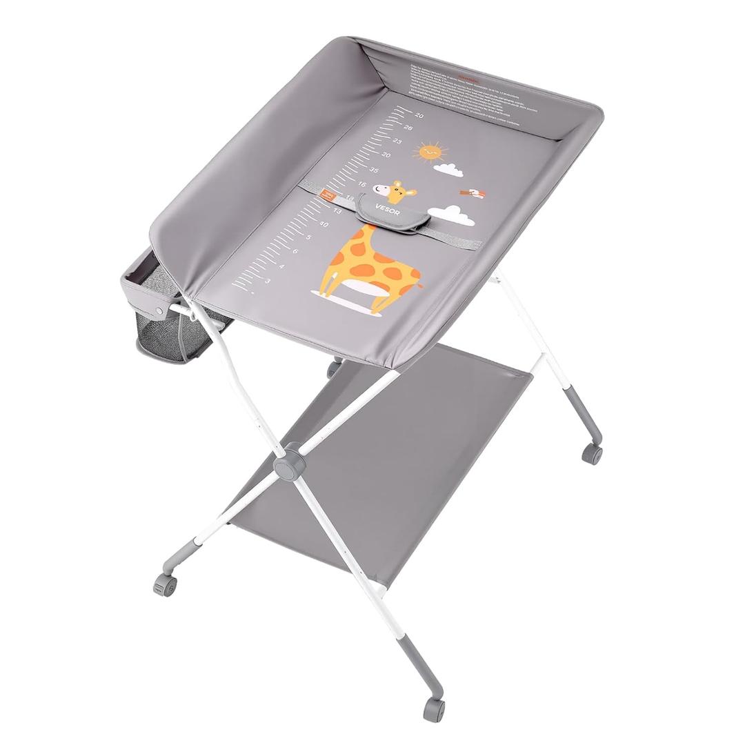 VEVOR Baby Changing Table, Foldable Diaper Change Station with Side Basket, Adjustable Height Changing Table with Lockable Wheels, Multi-Functional Nursery Storage Organizer, Light Gray
