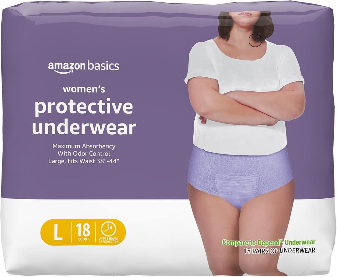 Amazon Basics Incontinence Underwear for Women, Protective, Disposable, Postpartum, Maximum Absorbency, Large, Lavender, 18 Count Amazon Basics Incontinence Underwear for Women, Protective, Disposable, Postpartum, Maximum Absorbency, Large, Lavender, 18 Count