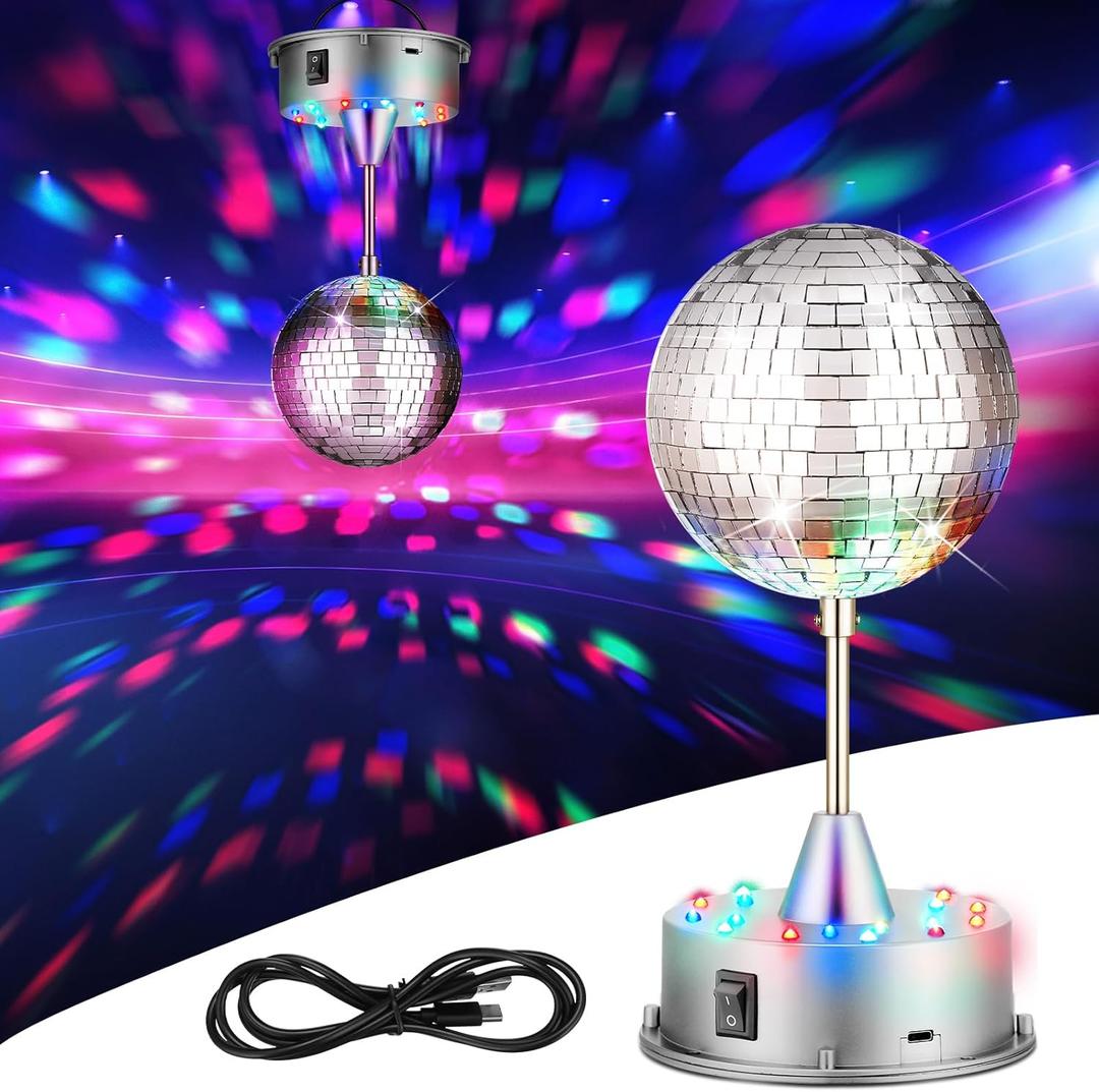 Disco Ball Light 5" Mirror Ball Motor Hanging Rotating Disco 90s Party Decor 5rpm with 3 Light Color and 18 LED Hanging and Table 2 Use for Graduation Wedding Bar Club Band Stage Home Birthday(Silver)