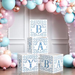 AmazingSpark 4 Pcs Cielito Lindo Baby Shower Party Decorations Mexican Papel Picado Baby Boxes with Letters Mexican Fiesta Blocks Boxes Decor for Gender Reveal Birthday Fiesta Photo Props (Blue)
