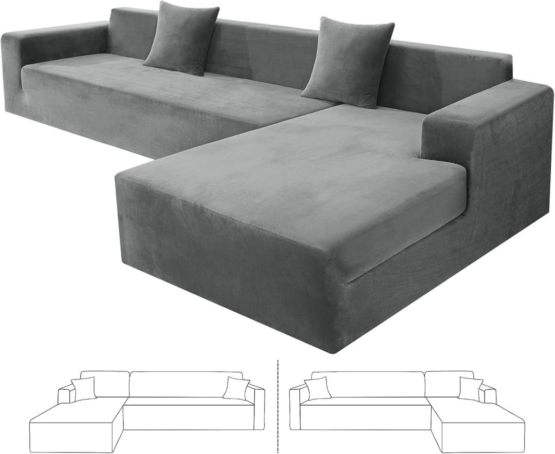 ZNSAYOTX 2026 Soft Velvet Sectional Couch Covers, Luxury Plush Slipcovers with Elastic Bottom for L Shape Sectional Sofa, 2 Pcs Pet Friendly Protector (3 Seat Couch + 3 Seat Chaise, Grey)