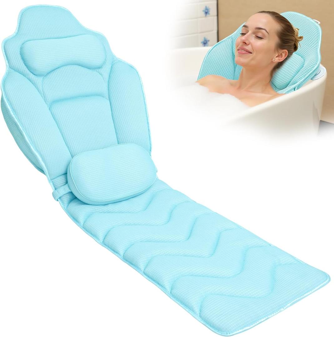 Full Body Bath Pillow for Bathtub - Extra Long 61 Bath Pillows for Tub, Ergonomic 4D Air Mesh Tub Pillow with Head, Neck & Lumbar Support, Bathtub Pillow Spa Cushion with Non-Slip Suction Cups