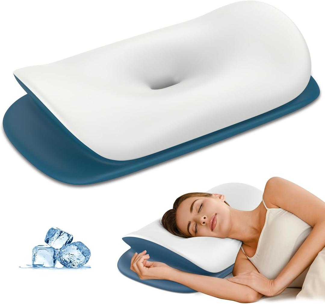 Cervical Neck Pillow for Pain Relief - Ergonomic Memory Foam Contour Pillows for Side, Back & Stomach Sleepers, Cervical Pillow for Neck Support Sleeping with Breathable Cover (Dark Blue)