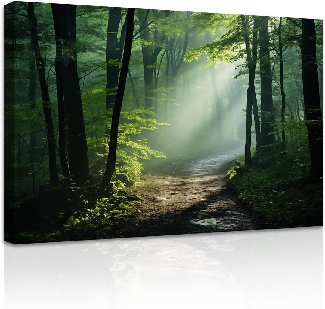 ZXHYWYM Green Forest Canvas Wall Art Sunshine Through Forest Road Picture Prints Morning Sunrise Paintings Nature Landscape Wall Decor Framed(4, (24.00" x 36.00"))