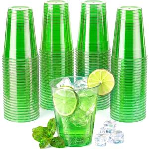 100 Pack 16 oz Green Plastic Cups, Green Party Cups, Clear Disposable Wine Glasses for St. Patrick's Day, Birthdays, Picnics, Carnivals & Party Events