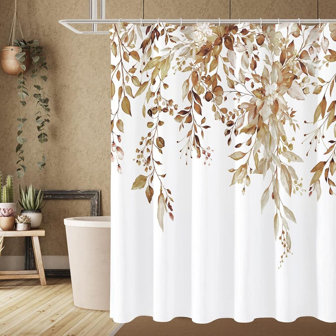 Gibelle Brown Eucalyptus Shower Curtain, Watercolor Plant Leaves with Floral Bathroom Shower Curtain Set, 72x72