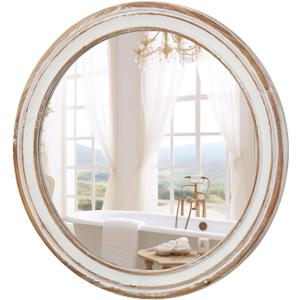 Round Wall Mirror with Distressed Wood Frame, Rustic Farmhouse Style, Ideal for Living Room, Bathroom & Bedroom Decor (31.5x31.5)