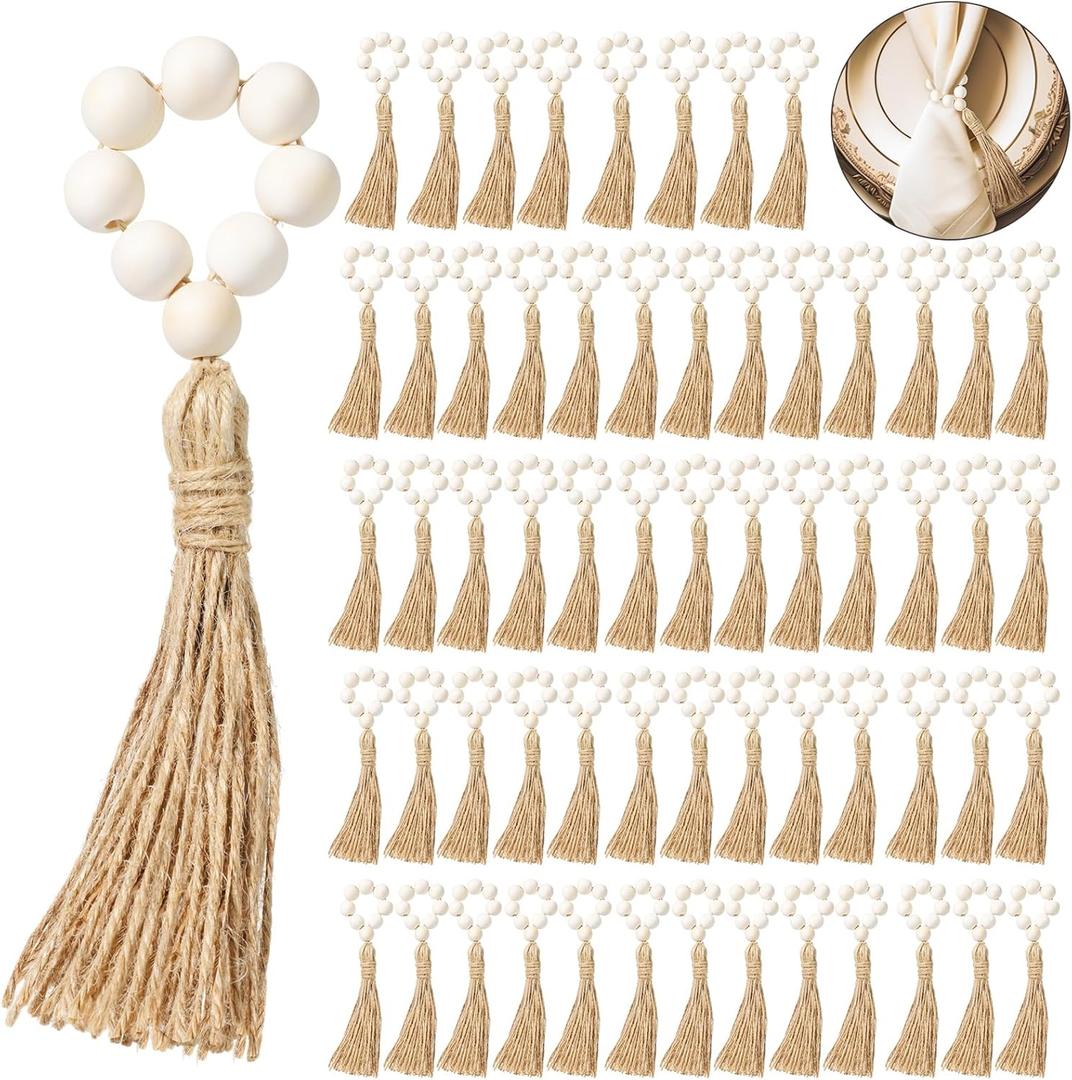 Maxcheck 60 Pcs Wood Bead Napkin Rings with Tassel Handmade Wooden Farmhouse Napkin Ring Natural Beaded Napkin Ring Holders for Tabletop Dining Party Wedding Gathering Home Decoration (Rustic)