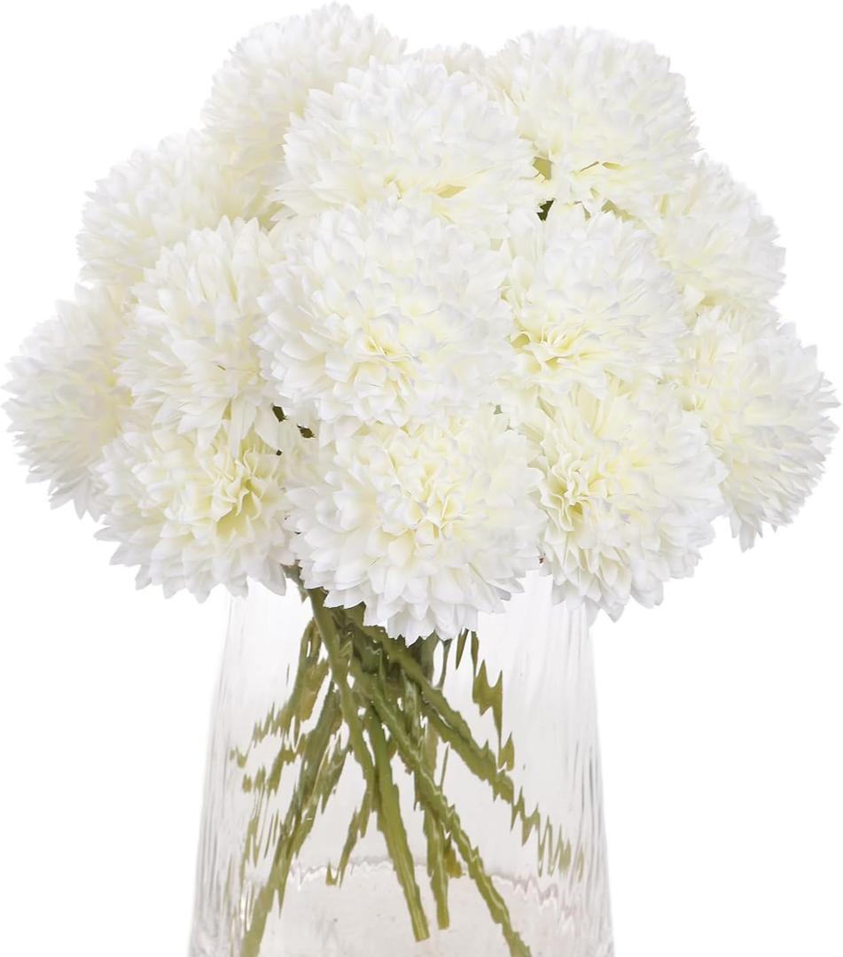 Kimura's Cabin 20Pcs Fake Chrysanthemum Artificial Flowers Silk Ball Flowers Faux Mums Flower with Stem for Wedding Party Bouquets Arrangements Home Table Core Decoration Vase Fillers(White)