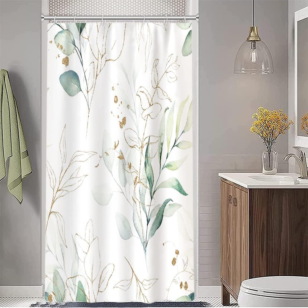 Stall Shower Curtain, Sage Green and Gold Eucalyptus Small Shower Curtain Set Waterproof Fabric Half Narrow Bathroom Decor with Hooks, 36x72 Inch
