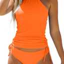Women's Bathing Suit Solid Color Drawstring Side Halter Neck Tankini Set,  (Large, Orange)