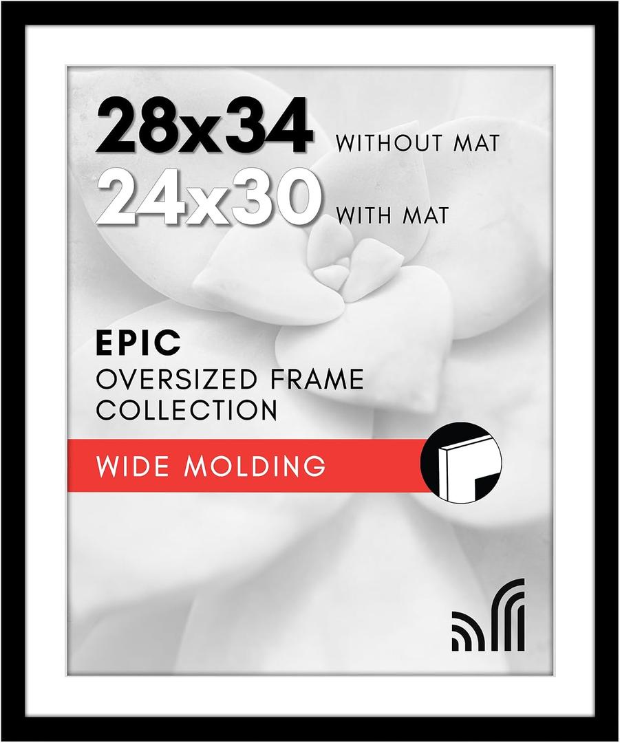 Americanflat 28x34 Picture Frame with Polished Plexiglass - Use as 24x30 Frame with Mat or Display 28x34 Photo Without Mat - Epic Collection - Wide Picture Frames for Wall Display - Black