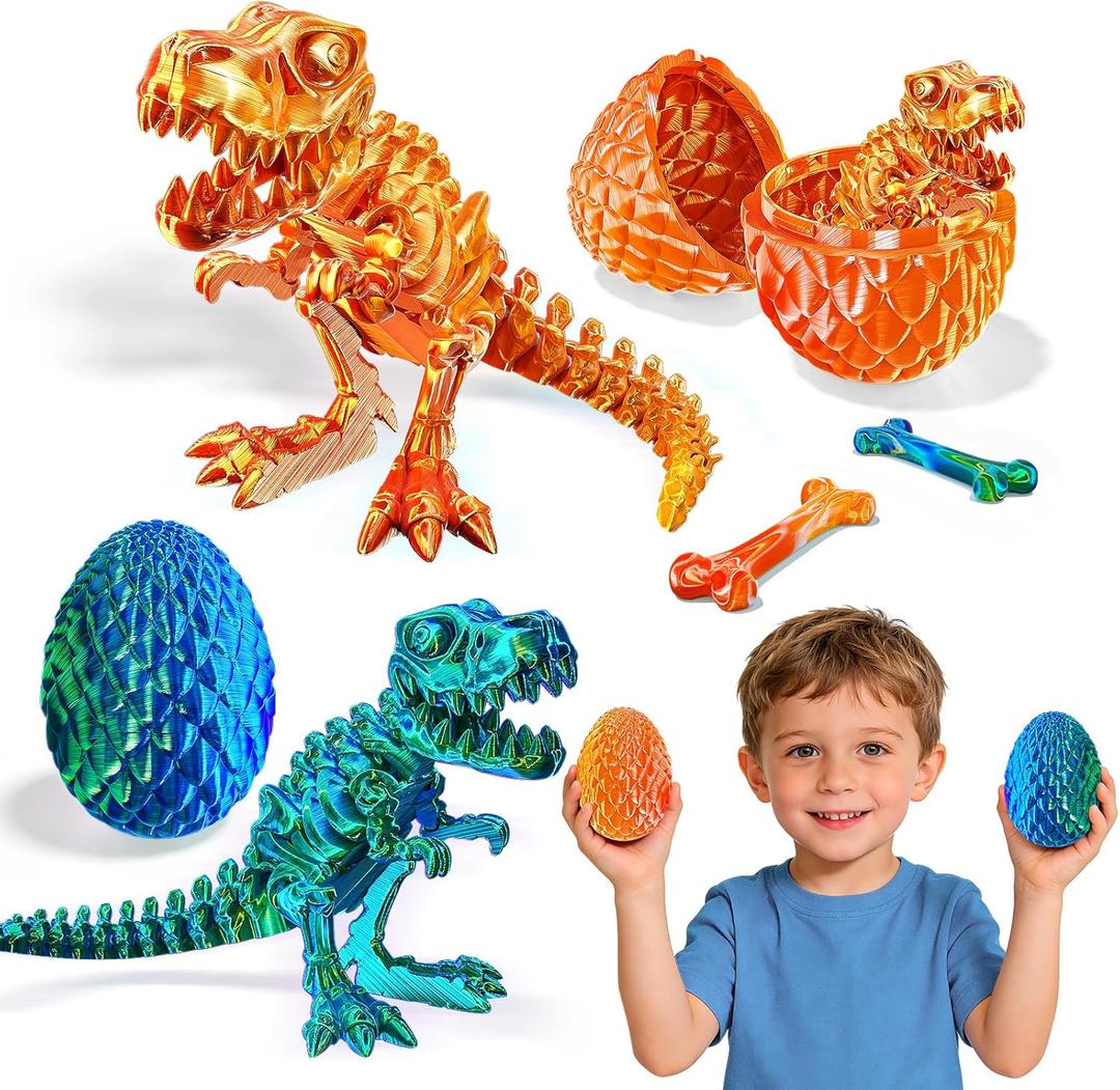 2 Packs 3D Printed Dinosaur Toys for 3-5 Years Boys, Skeleton T-Rex Figure with Large Storage Crystal Eggs, Great Easter and Birthday Gifts Fidget Toys for 3 4 5 6 7 8 9 10 11 12 Years Old Boys Girls