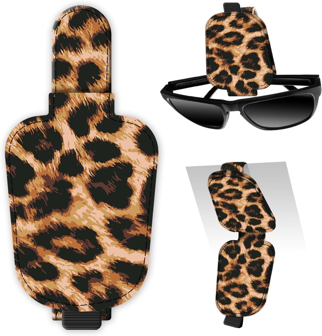 Leather Magnetic Sunglass Holder for Car Sun Visor, Cute Eyeglass Ticket Card Hanger Clip, Universal Auto Interior Accessories for SUV Pickup Truck Classic Leopard