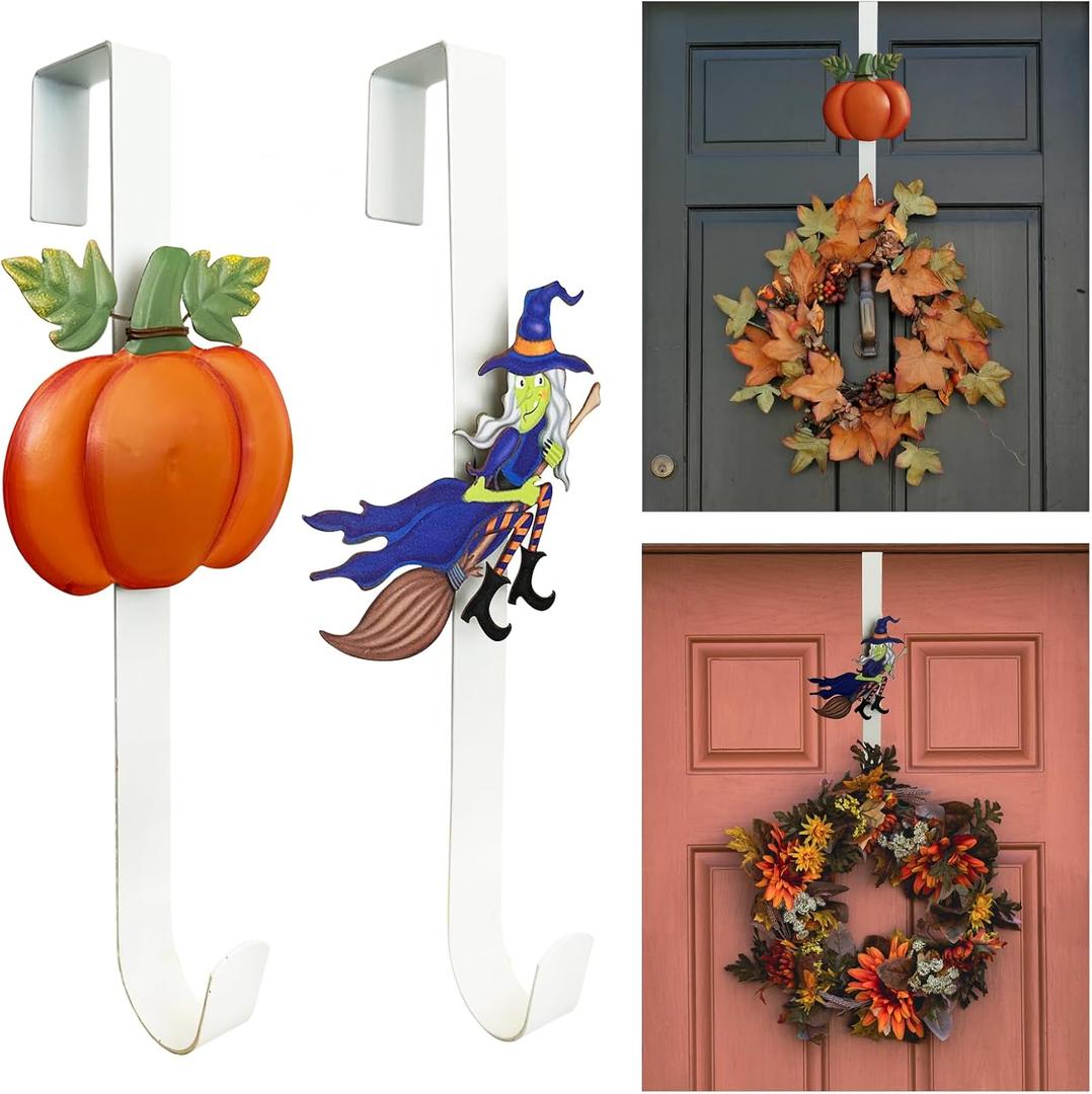 2 Pack Pumpkin & Witch with Fall Wreath Door Hanger, Fall Decoration Metal Over The Door Single Halloween Wreath Hanger Ornament Halloween Wreath Hangers for Front Door,Door Wreath Hanger